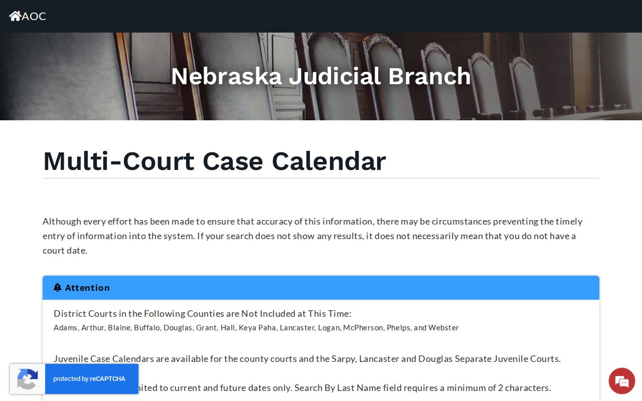 Nebraska court calendar County and District Court search form