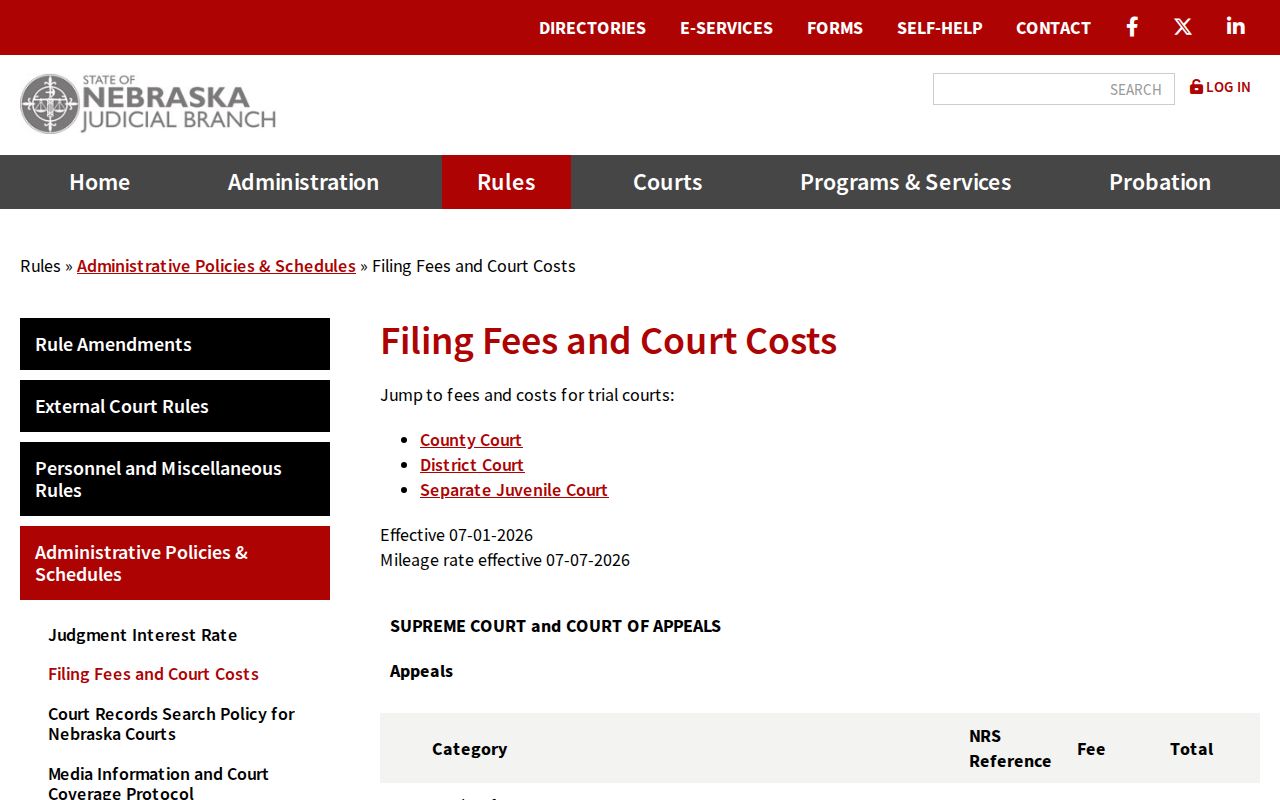 Nebraska court records official filing fees and court costs schedule