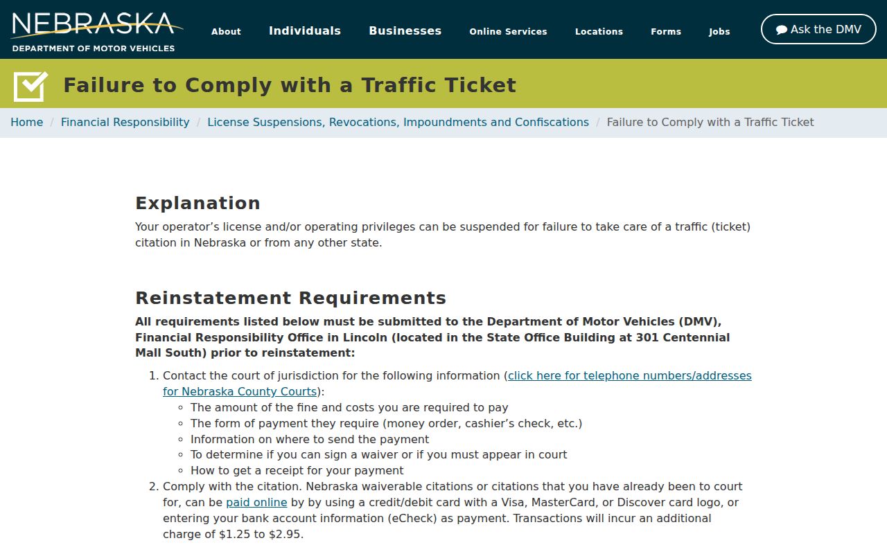 Nebraska DMV notice for a traffic court failure-to-comply hold