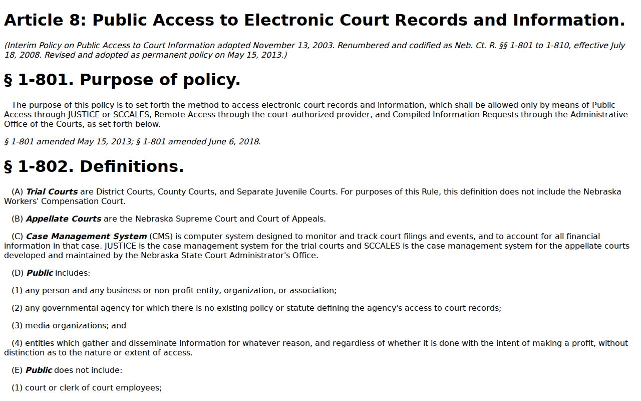 Nebraska court system Supreme Court Article 8 public access rules