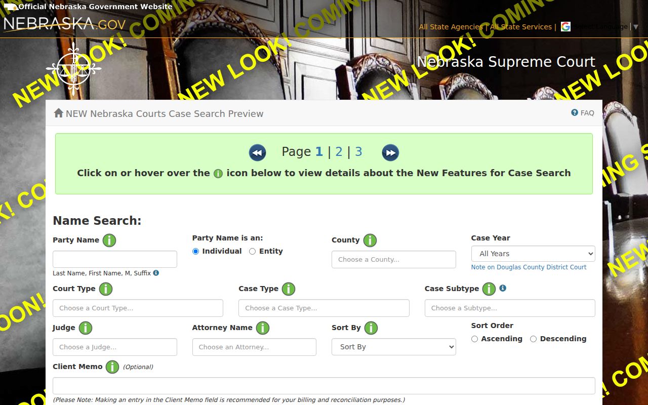 Nebraska case search preview with county and court filters