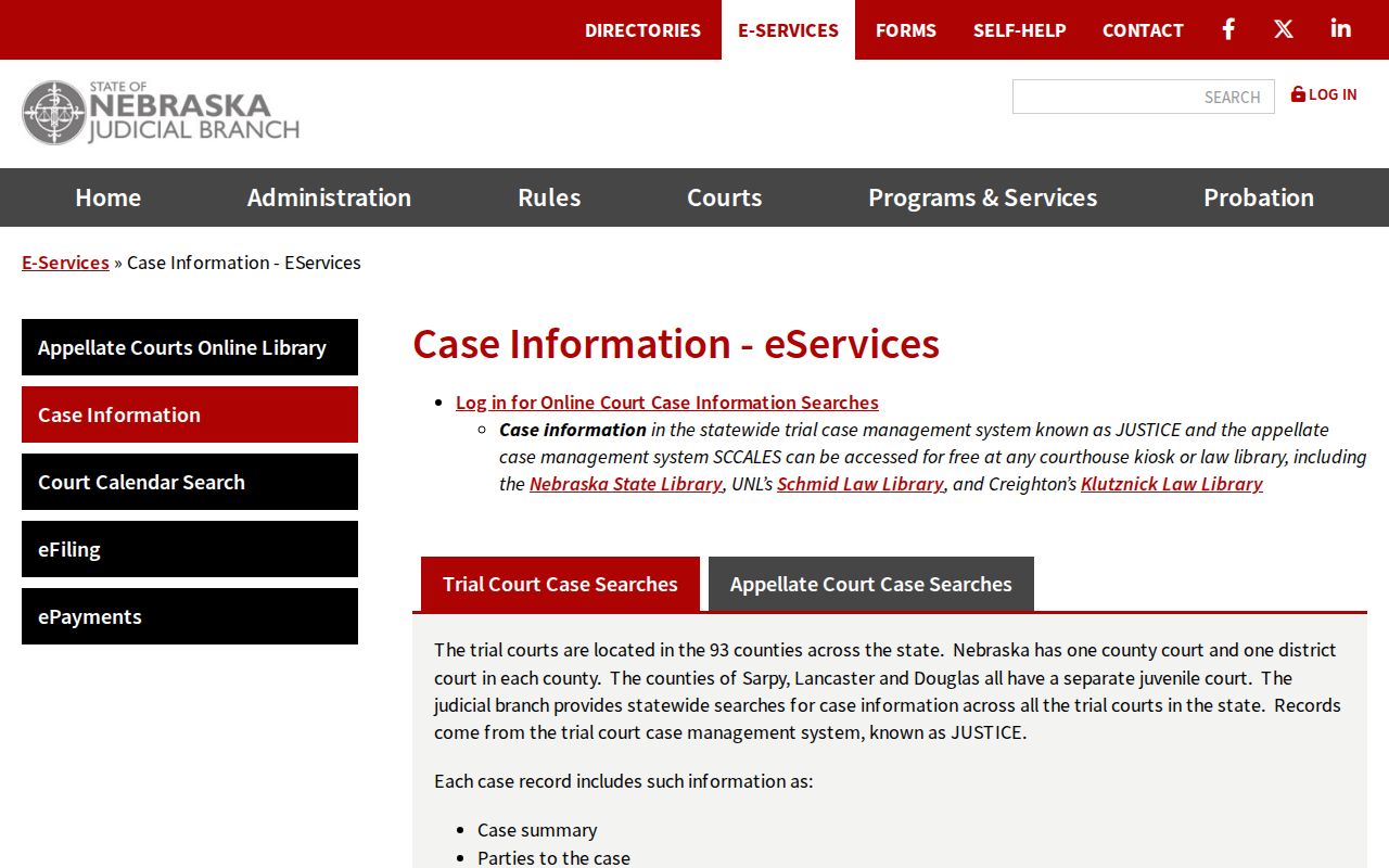Nebraska court case search result categories described by the Judicial Branch