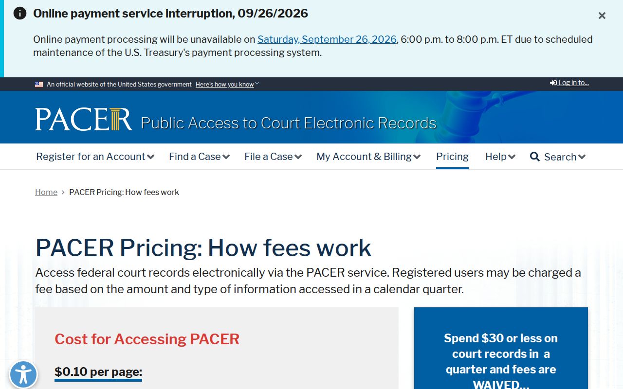 Nebraska federal docket search fees in PACER
