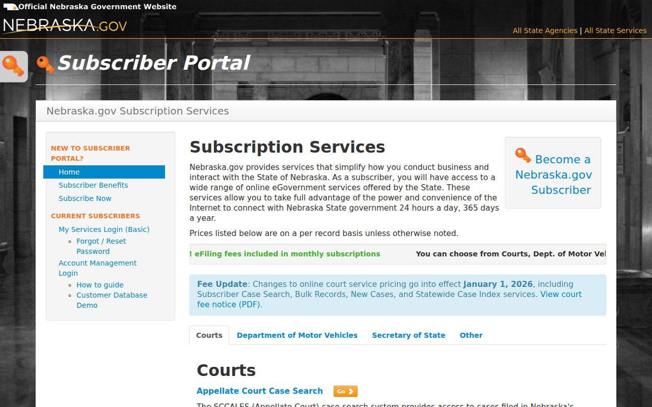 Nebraska case search subscriber sign-in and search landing page